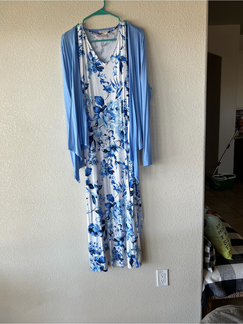 Blue Floral Maxi Dress with Light Blue Drape Cardigan